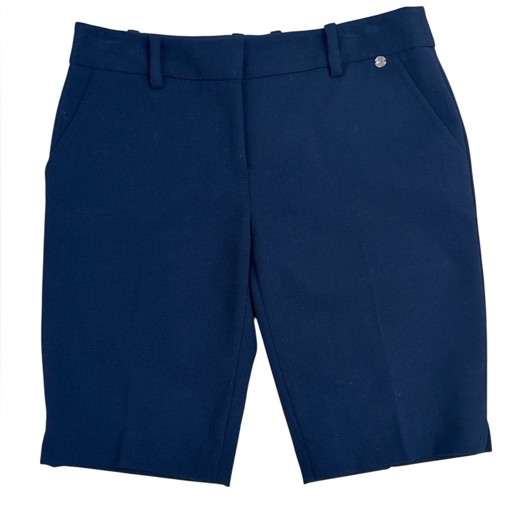 Trina Turk Antigua Women’s mid Rise flat front Bermuda Shorts Navy Blue S 4